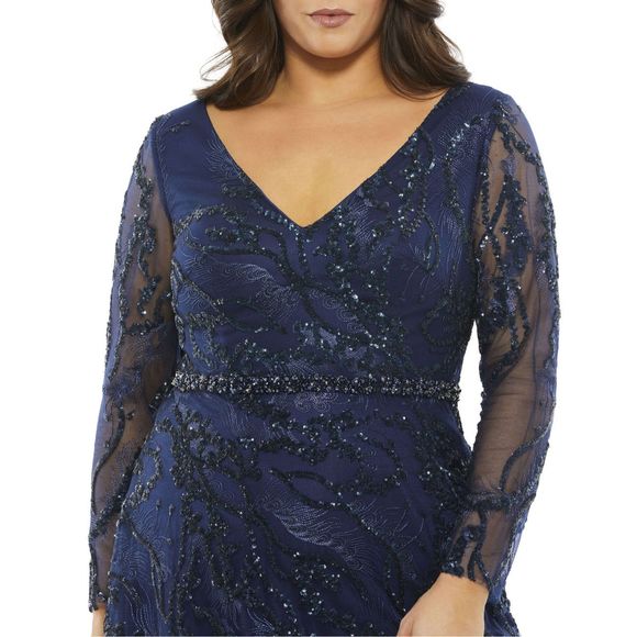 MAC DUGGAL EMBELLISHED ILLUSION LONG SLEEVE V-NECK A-LINE GOWN (PLUS) - Picture 3 of 10